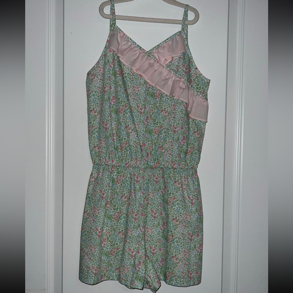 James & Lottie Girls Floral Romper Green Pink Ruffle Surplice Size 10 NWT